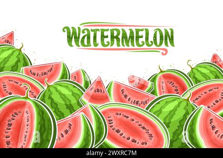 Illustration vectorielle de pastèques avec espace de copie pour le texte de l'annonce, mise en page décorative avec composition de pastèque de dessin animé haché, affiche horizontale de fruits Illustration de Vecteur