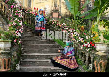 Fleurs des femmes hmong assises sur les escaliers du palais des rois Hmong (Vau Meo) à bac Ha, province de Lao Cai, Vietnam Banque D'Images