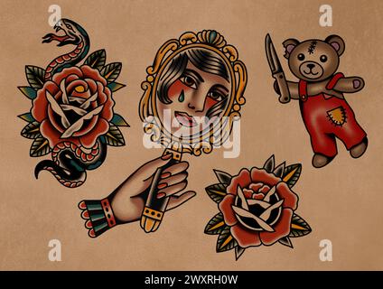 Dessins de collection de tatouage old School Banque D'Images