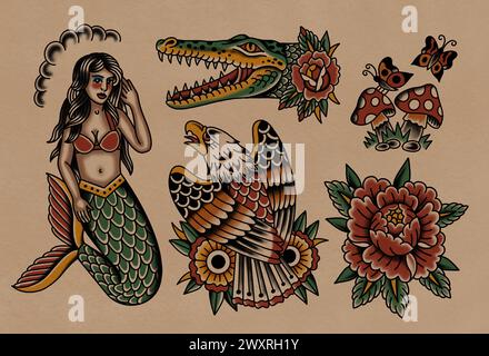 Dessins de collection de tatouage old School Banque D'Images