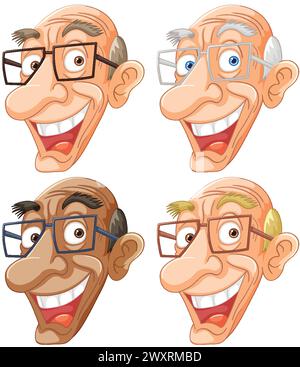 Quatre visages de dessins animés montrant différentes expressions. Illustration de Vecteur