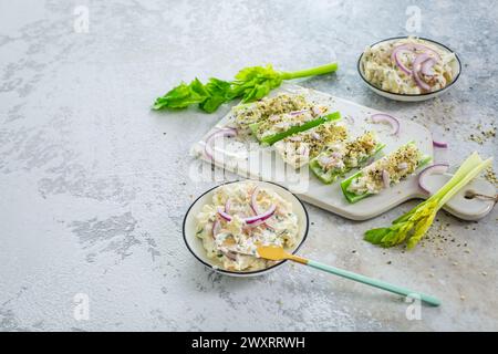 Bâtonnets de céleri remplis d'œufs et de salade de thon, légumes sains et collation antipasti Banque D'Images