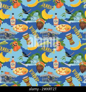 Motif sans couture dans les couleurs Rasta. Motif vectoriel jamaïcain. Rhum, fruits ackee, colibri, cascade, bar de plage, rastafarian, tambour géant dans un style plat Illustration de Vecteur