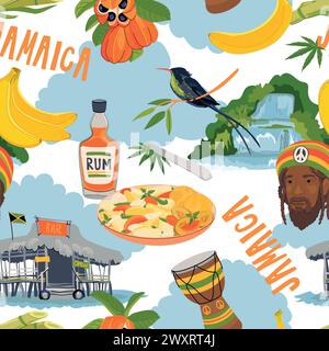 Motif sans couture dans les couleurs Rasta. Motif vectoriel jamaïcain. Rhum, fruits ackee, colibri, cascade, bar de plage, rastafarian, tambour géant dans un style plat Illustration de Vecteur