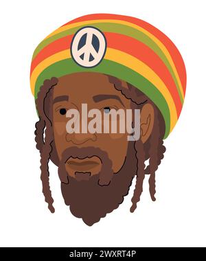 Un homme dans une casquette volumineuse et un costume ethnique traditionnel dans la couleur du drapeau rastafarien. Un jamaïcain avec des dreadlocks. Illustration vectorielle plate Illustration de Vecteur