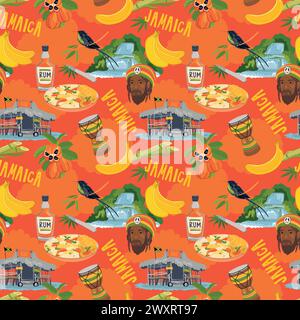 Motif sans couture dans les couleurs Rasta. Motif vectoriel jamaïcain. Rhum, fruits ackee, colibri, cascade, bar de plage, rastafarian, tambour géant dans un style plat Illustration de Vecteur