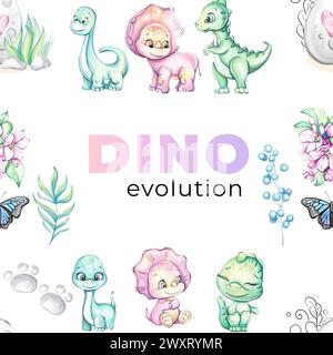 Motif aquarelle sans couture Baby Dino avec oeuf et maman pour la conception de la pépinière. Dessin animé et dinosaures mignons pour impression, papier peint, tissu Banque D'Images