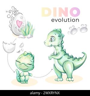 Aquarelle mignon bébé dinosaure Dino famille Diplodocus maman et oeuf. Dessin animé pour la pépinière, babyshower, décor, autocollants, imprimés textiles avec historique Banque D'Images