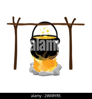 Cuisson en pot sur feu de camp isolé sur fond blanc. Pot de camping sur feu de joie. Illustration vectorielle Illustration de Vecteur