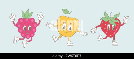 Groovy drôle, joyeuse fraise, framboise, pomme. Collection de fruits modernes à la mode vectorielle. Personnages de dessins animés heureux marchant lumineux, mascottes. Illustration de Vecteur