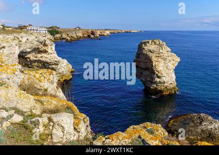 Vue sur les falaises rocheuses sur la côte du village de Tyulenovo, au nord-est de la Bulgarie Banque D'Images