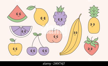 Mignon dessin animé Baby fruits, personnages vectoriels drôles de mascotte Y2K avec le sourire. Cerise mûre, banane, ananas, pomme, citron. Illustration de Vecteur
