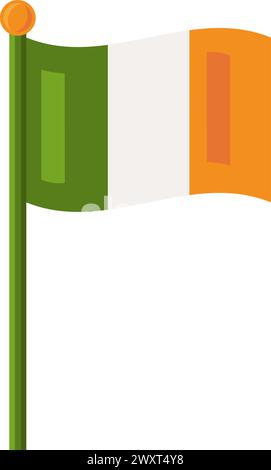 Drapeau irlandais flottant dans le vent. Bannière Irlande sur mât de drapeau pour la décoration des vacances de printemps, élément de fête Happy Patrick. Vecteur de dessin animé simple isolé o Illustration de Vecteur