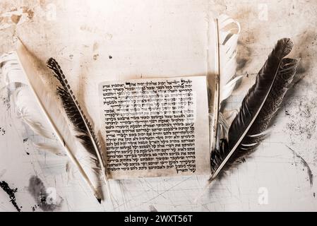 Parchemin de mezuzah fait de peau animale avec le texte complet de la prière juive Shema Yisrael en hébreu et les piqûres de plumes utilisées pour écrire l'hébreu Banque D'Images