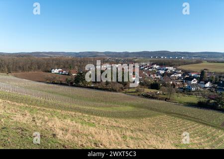 Paysage autour d'Untergruppenbach vu depuis le château de Stettenfels, un château médiéval dans le sud de l'Allemagne au début du printemps Banque D'Images