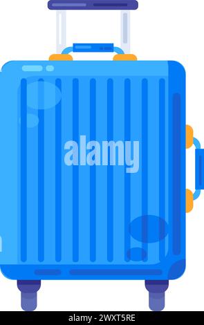 Valise en plastique bleu sur roulettes avec poignée. Accessoires pour le transport de bagages touristiques. Icône des vacances d'été. Vecteur de dessin animé plat simple isolé o Illustration de Vecteur