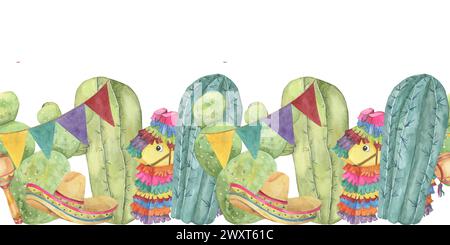 Bordure sans couture d'éléments mexicains dessinés à la main à l'aquarelle. Cinco de Mayo design avec cactus, drapeaux et pinata isolés sur fond blanc. Clip art Banque D'Images
