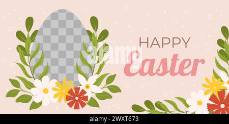 Modèle de fond horizontal de Pâques. Conception pour les vacances de printemps de célébration avec cadre transparent pour la photo et les fleurs autour. Illustration de Vecteur