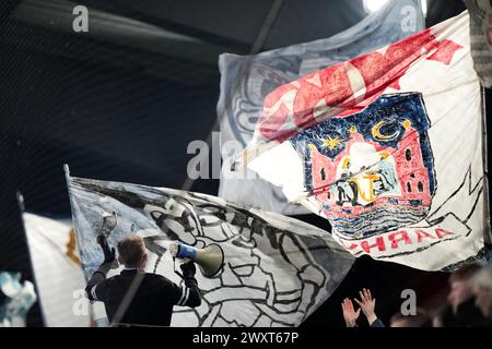 Silkeborg IF rencontre AGF à la Superliga de Silkeborg le lundi 1er avril 2024. AGF soutient Silkeborg SI moeder AGF i Superligaen i Silkeborg mandag den 1. avril 2024.. (Foto : Claus Fisker/Ritzau Scanpix) Banque D'Images