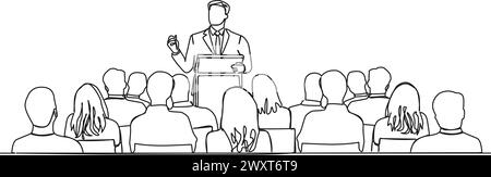 dessin en ligne unique continu de l'orateur principal et du public à la conférence d'affaires, illustration vectorielle d'art au trait Illustration de Vecteur