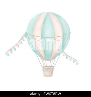Montgolfière, drapeaux, aquarelle. Illustration vectorielle dessinée à la main dans des couleurs pastel pour cartes, invitations, conception de chambre d'enfants, sites Web, couvertures. Vintag Illustration de Vecteur
