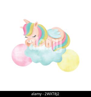 Mignonne licorne dormant sur un nuage, aquarelle. Illustration vectorielle dessinée à la main dans des couleurs pastel pour cartes, invitations, sites Web, couvertures d'album. Jeu de e. Illustration de Vecteur