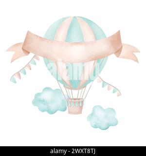 Ballon à air, bannière pour le texte, nuages, aquarelle. Illustration vectorielle dessinée à la main dans des couleurs pastel pour cartes, invitations, brochures, sites Web, couvertures. Illustration de Vecteur