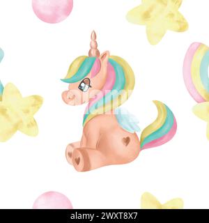 Licorne, arc-en-ciel, étoile, aquarelle. Motif sans couture. Illustration vectorielle dessinée à la main dans des couleurs pastel pour cartes, invitations, textiles, papier d'emballage Illustration de Vecteur