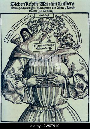 Dessin animé allemand représentant Martin Luther comme un monstre à têtes multiples, illustration, XVIe siècle Banque D'Images