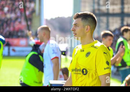 Fredrikstad, Norvège, 1er avril 2024. Jostein Gundersen de Bodø/Glimt avant le match Eliteserien entre Fredrikstad et Bodø/Glimt au stade Fredrikstad. Crédit : Frode Arnesen/Alamy Live News Banque D'Images