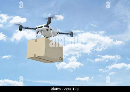 rendu 3d de drone blanc portant boîte en carton sur fond de ciel bleu Banque D'Images