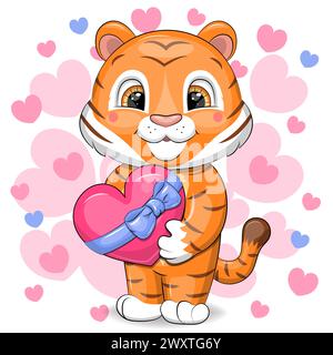 Tigre de dessin animé mignon avec coeur. Illustration vectorielle d'animal sur fond blanc avec des coeurs roses. Illustration de Vecteur