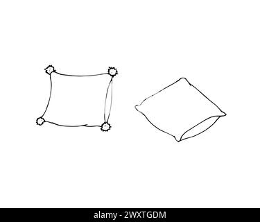 Ensemble de croquis d'oreiller dessiné à la main. Dessin de doodle de coussins en plumes. Ensemble d'accessoires douillets et confortables. Croquis dessiné à la main d'oreillers sur un fond blanc. Noir Illustration de Vecteur