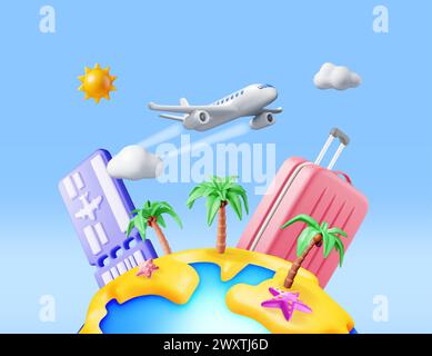 Paysage 3D de Palm sur la plage, sac de billet d'avion Illustration de Vecteur