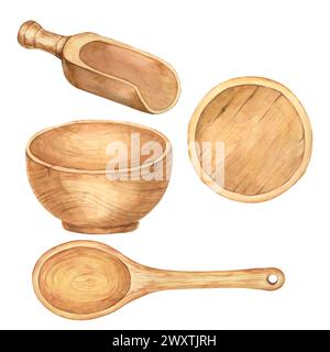 Ensemble de plats en bois à l'aquarelle. Clipart dessiné à la main de cuillères vides, bol et assiette dans un style rustique. Conception pour l'impression, l'emballage, les éléments isolés sur fond blanc Banque D'Images