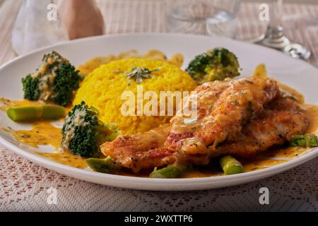 Filets de poisson cuits à la poêle avec du riz au curcuma, des légumes et une sauce orange et taragan. Banque D'Images