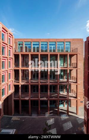 Vue arrière de l'autre côté de la cour arrière vers le bloc de bureaux. Wick Park, Londres, Royaume-Uni. Architecte : Ayre Chamberlain Gaunt , 2023. Banque D'Images