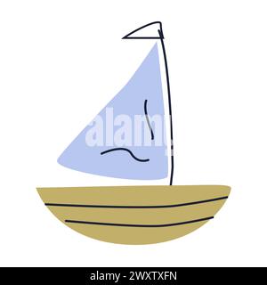 Bateau dessiné à la main dans l'icône de vecteur doodle de couleur bleue et or isolé. Illustration vectorielle peut être utilisée pour la douche de bébé garçon dans le style nautique, affiche ou carte Illustration de Vecteur