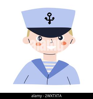 Mignon petit garçon souriant personnage portant un costume de marins. Illustration vectorielle de portrait de petit garçon capitaine ou marin. Peut être utilisé pour la douche de bébé Illustration de Vecteur