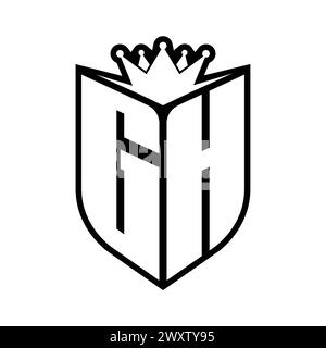 Monogramme gras lettre GH avec forme de bouclier et couronne pointue à l'intérieur du bouclier modèle de conception de couleur noir et blanc Banque D'Images