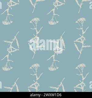 Achillea Yarrow pattern, impression de silhouette d'herbe avec des fleurs d'Achillea Millefolium sur fond pastel bleu. Illustration vectorielle Illustration de Vecteur