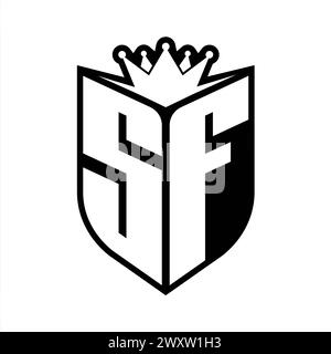Lettre SF monogramme gras avec forme de bouclier et couronne pointue à l'intérieur du bouclier modèle de conception de couleur noir et blanc Banque D'Images