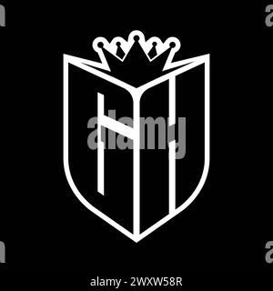 Monogramme gras lettre GH avec forme de bouclier et couronne pointue à l'intérieur du bouclier modèle de conception de couleur noir et blanc Banque D'Images