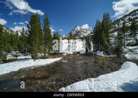 Pacific Crest Trail. Une chaîne de montagnes couverte de neige avec un petit ruisseau qui la traverse. Le ciel est clair et bleu avec quelques nuages. La scène est p. Banque D'Images