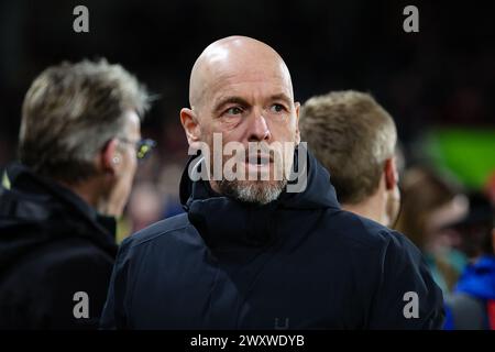 LONDRES, Royaume-Uni - 30 mars 2024 : Erik Ten Hag, entraîneur de Manchester United, devance le match de premier League entre Brentford FC et Manchester Uni Banque D'Images