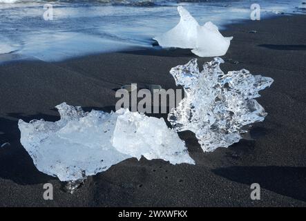 Trois morceaux de glace qui ont vêlé du glacier Breiðamerkurjökull meurent sur la plage noire Diamond Beach dans le sud de l'Islande Banque D'Images