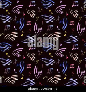 Modèle sans couture avec des vagues de musique abstraites et des notes de musique. Symboles de notes multicolores. Ambiance musicale mignonne. Illustration aquarelle Banque D'Images