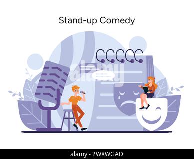 Coffret de comédie stand-up. Illustration capte l'essence de l'humour avec des comédiens ravissant un public invisible, évoquant le rire et la joie. Illustration vectorielle Illustration de Vecteur