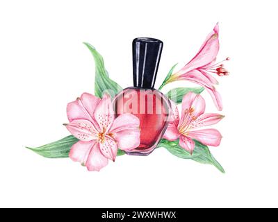 Bouteille de vernis à ongles rouge parmi les fleurs tropicales. Bouteille en verre avec bouchon noir. Composition en rose, couleurs rouges pour la beauté, la manucure. Banque D'Images