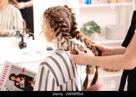 Coiffeur professionnel tressant les cheveux du client dans le salon Banque D'Images